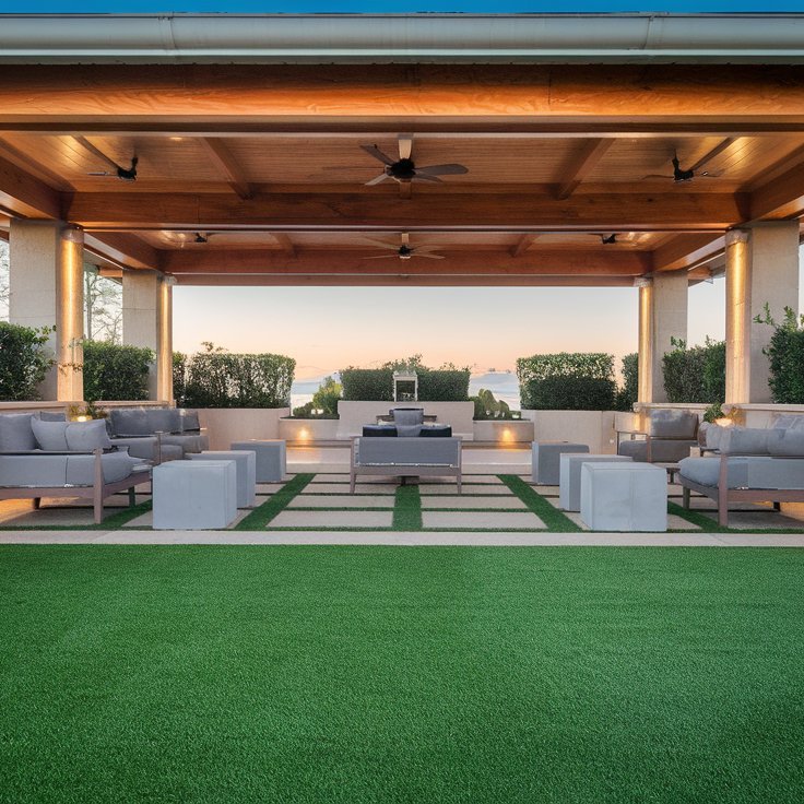 Beautiful backyard covered patio with artificial turf lawn