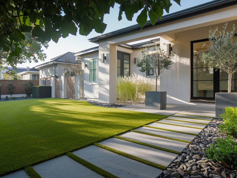Manicured front yard of a Sylmar, CA home with artificial turf