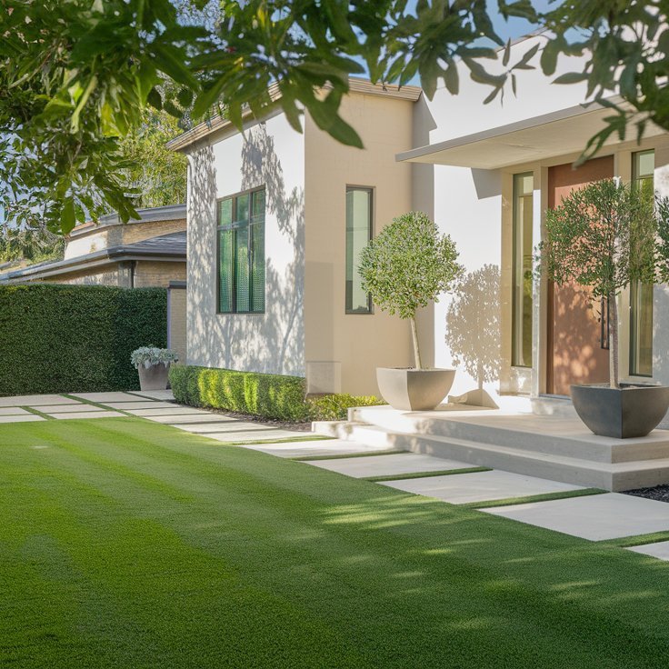 Front yard of a stylish home with artificial grass by The Carpet Store in Sylmar, CA